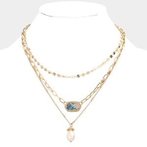 Gold abalone pendant layered necklace